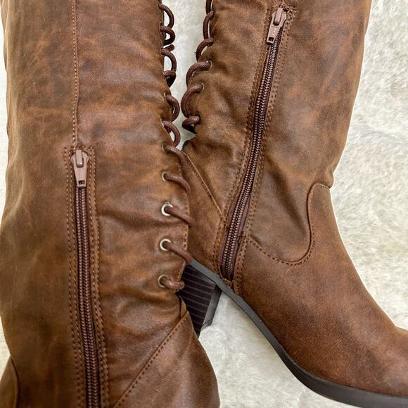 White Mountain Tall Over Knee Bonita Heeled Lace up High Boots Cognac Brown - Picture 7 of 15